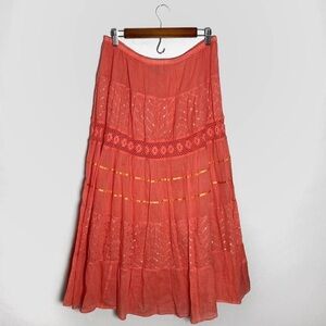Y2k Coral Lace Tiered Sequin Cotton Midi Skirt Boho Cottagecore Fairy Festival M